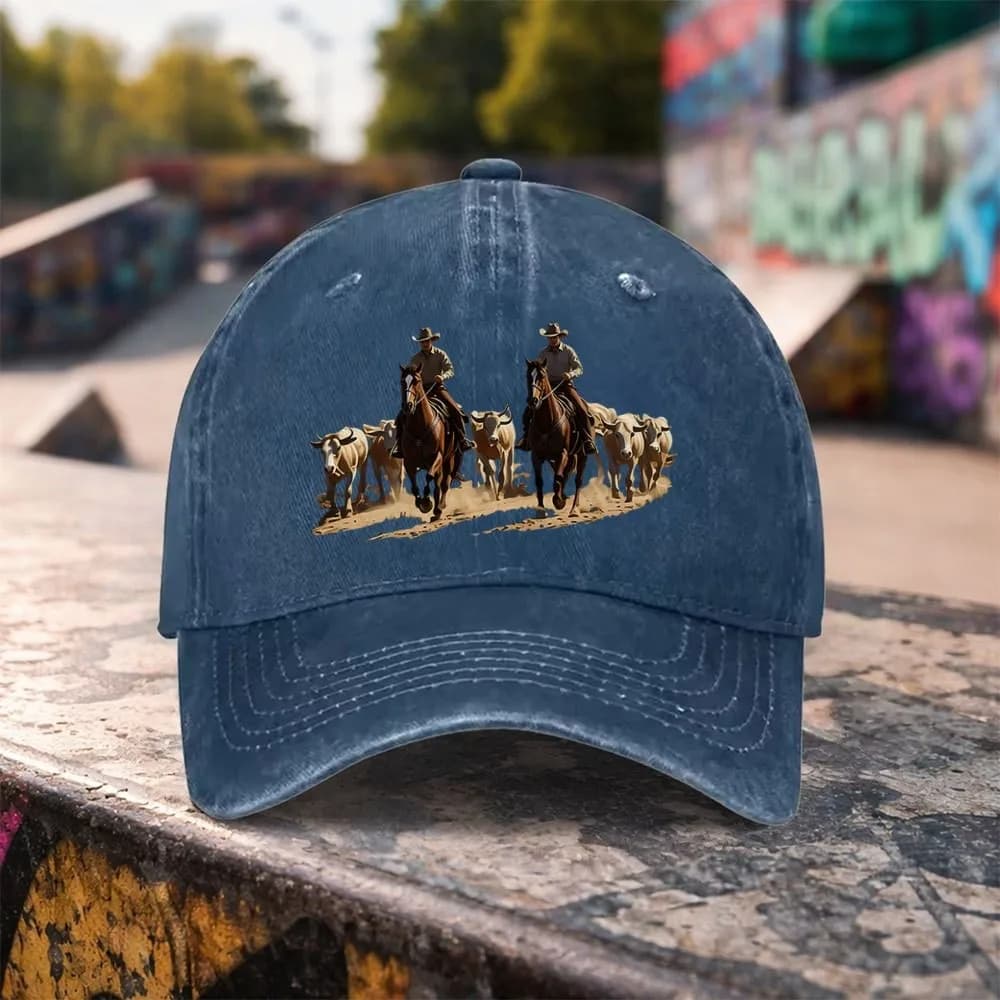 Cappellino da Baseball con Stampa Cowboy, in Denim Invecchiato e Lavato, Regolabile con Chiusura Snapback, Unisex