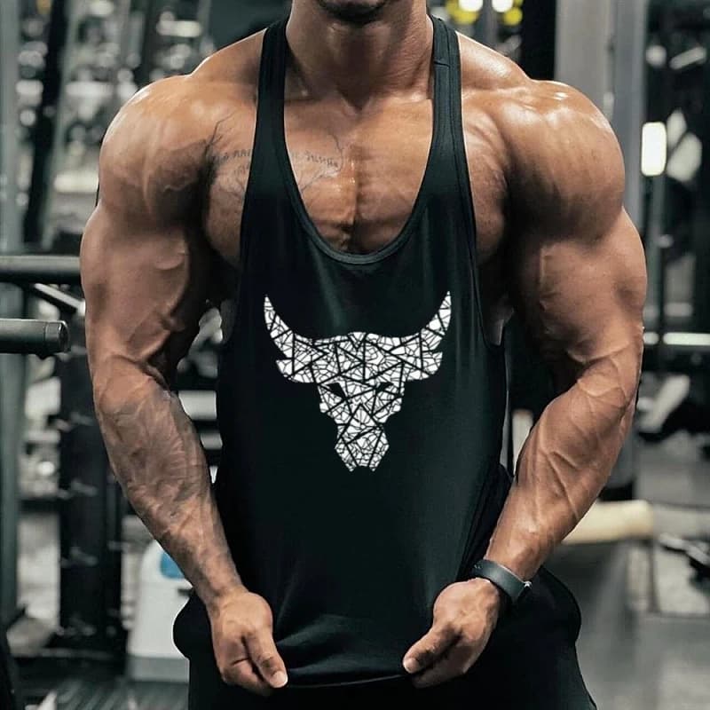 Gilet stringer geometrico con teschio di toro da uomo - Top senza maniche con cinturino I-Back per palestra, allenamento muscolare e vetrina muscolare da uomo