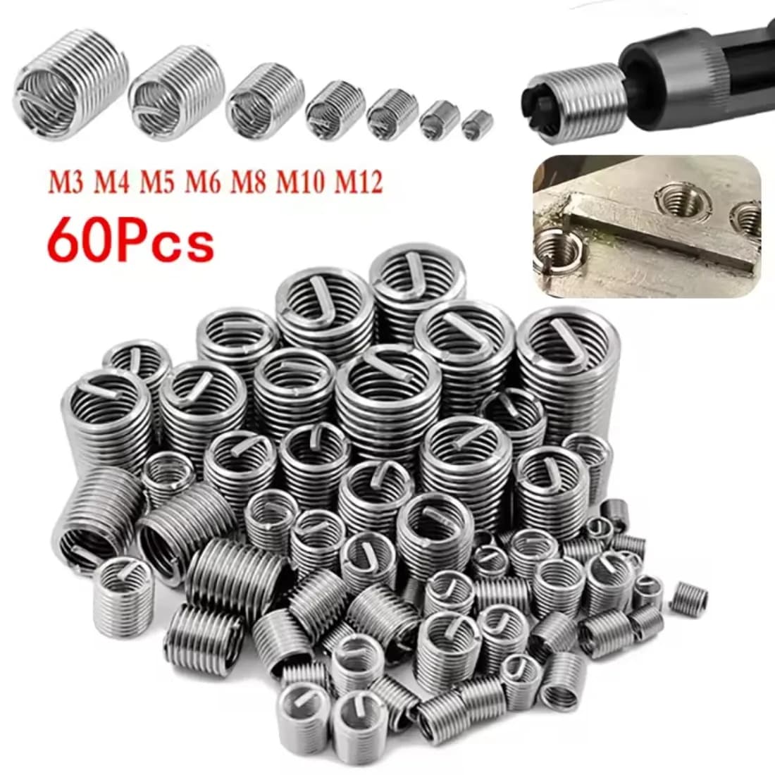 60 Pezzi Filo Elicoidale in Acciaio Inox 304 per Riparazione Filettature M3-M12