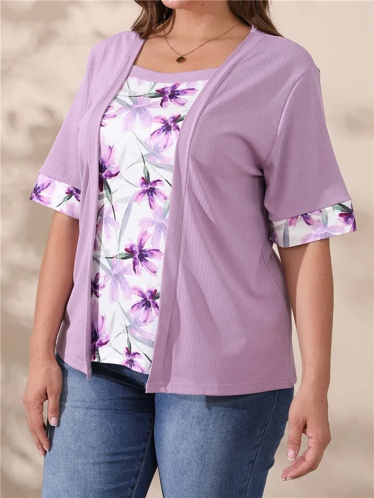 T-shirt in two pieces fake women's fashion summer patchwork printed short sleeve size strong blouses elegant square collar woman casual