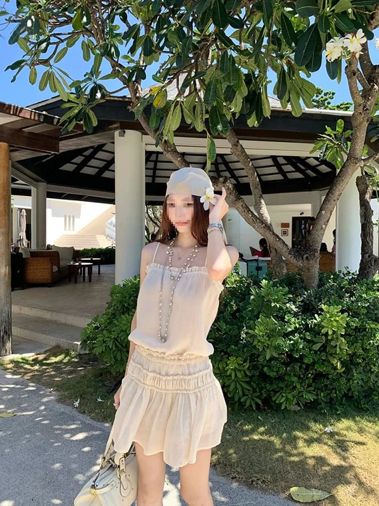 Abito Halter da Donna Stile Vacanza Primavera Estate, Gonna a Balze Vita Alta, Vestito Midi Senza Spalline in Seta a Trapezio
