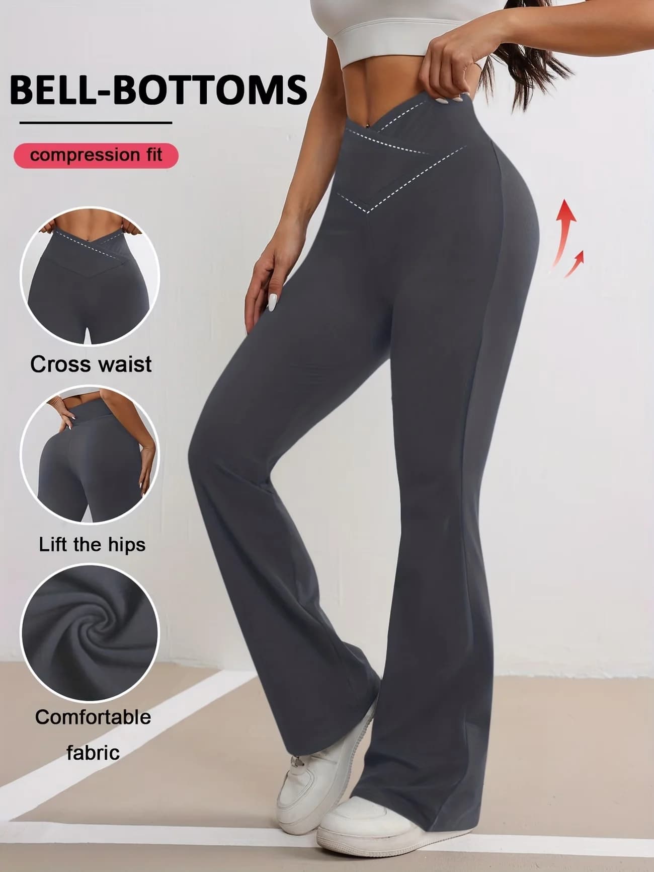Pantaloni Lunghi Sportivi Casual da Donna, Colore Nude, Vita Incrociata, Controllo Pancia, Effetto Push-Up, per Fitness e Yoga, Modello Svasato, per Uso Quotidiano