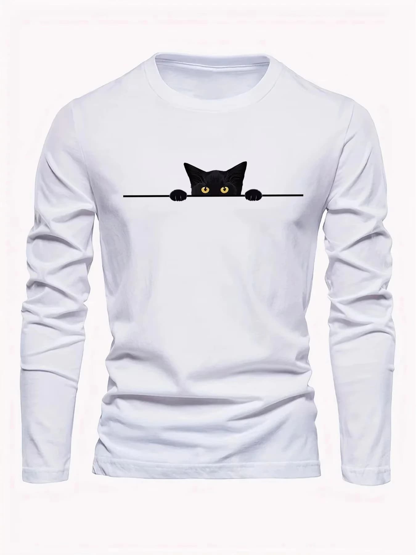 2026 New Men's Long-sleeved T-shirt for Spring and Autumn Featuring Street Fashion and Comfort with 3D Kitten Pattern Printing