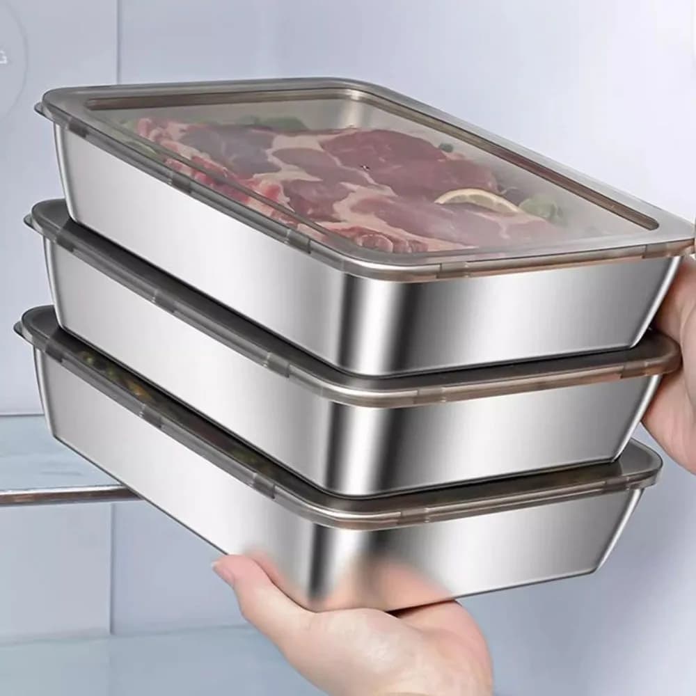 Food Grade Stainless Steel Serving Tray with Lid, Versatile Square Storage Container Airtight Kitchen Food Pan with Cover