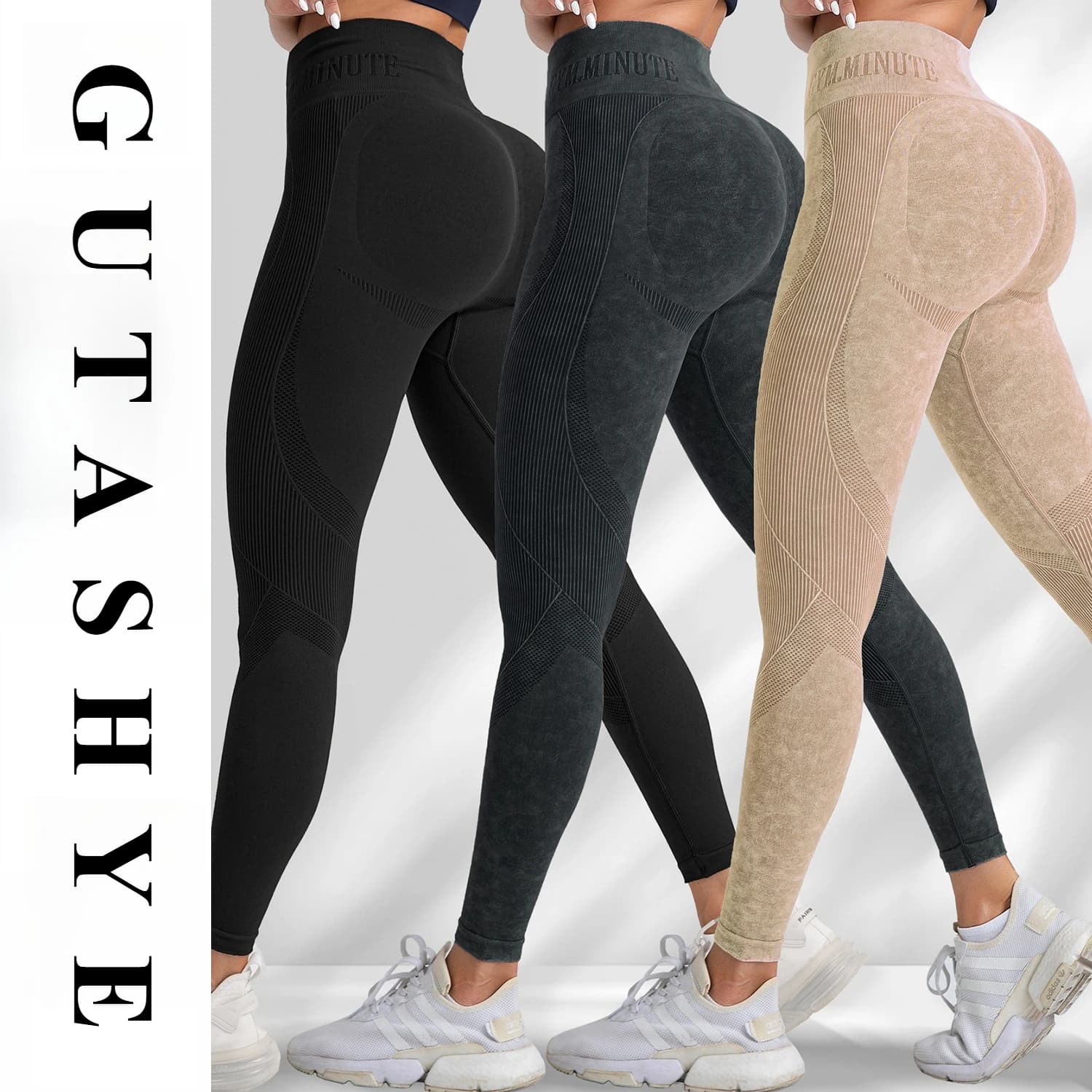 Leggings da yoga senza cuciture da donna, effetto sabbia, ad asciugatura rapida, con stampa a lettere, push-up, pantaloni sportivi aderenti per fitness