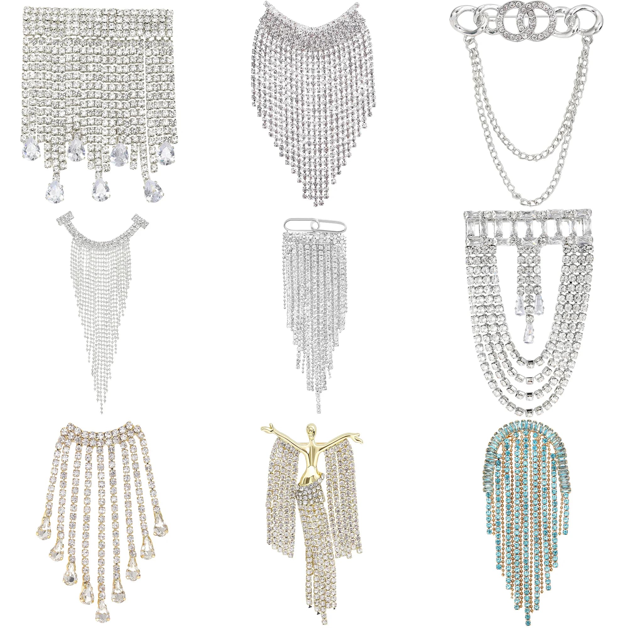 Spille da ragazza con strass per donna, modello di abito lungo con nappa unisex, spille per banchetti, feste, zaini, regali, accessori per gioielli
