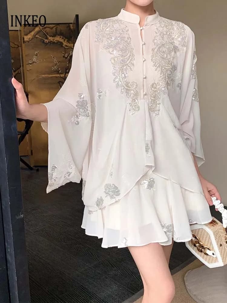 Set di 2 pezzi di paillettes cinesi moda donna top pieghettati orologio camicia con maniche a pipistrello e pantaloncini elastici in vita gonna INKEO 4 t158