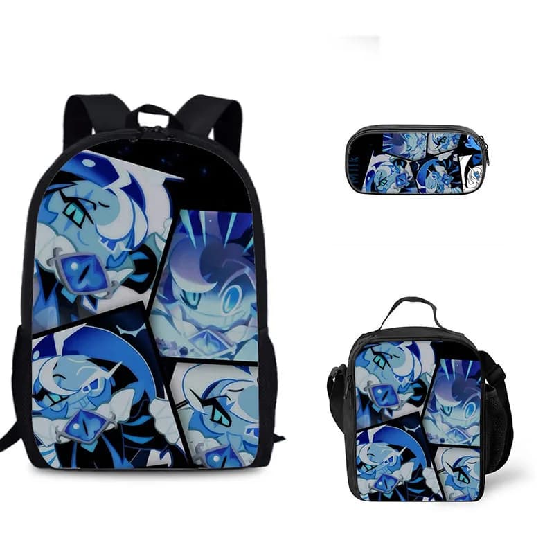 Set di tre pezzi di zaino per studenti da gioco di biscotti Set di astuccio per matite con borsa per pasto per bambini con biscotti al latte Shadow