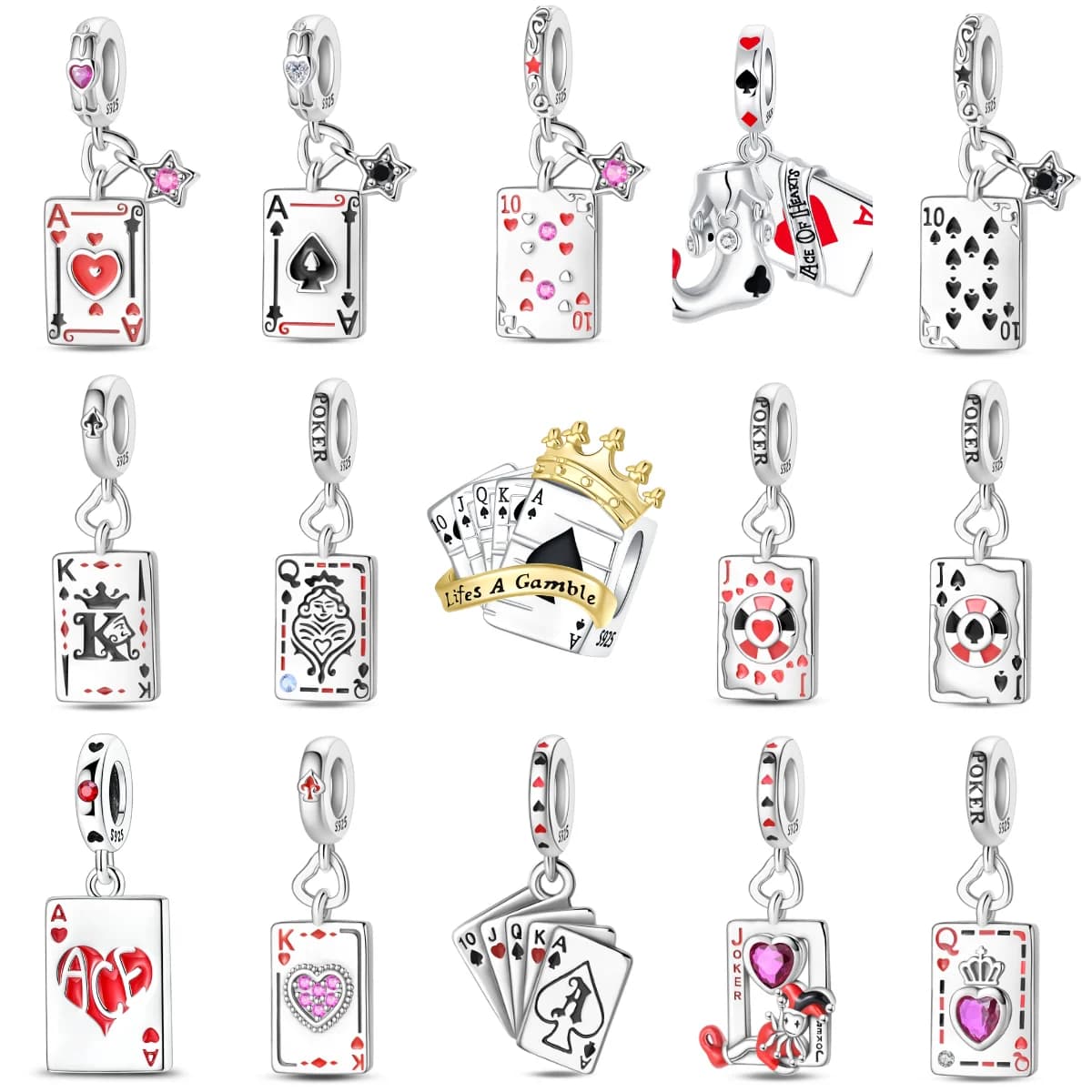 Ciondoli originali per carte da gioco in argento sterling 925 Poker Joker Hearts Spades Crown Bead Pendant Fit Bracciale Collana Gioielli