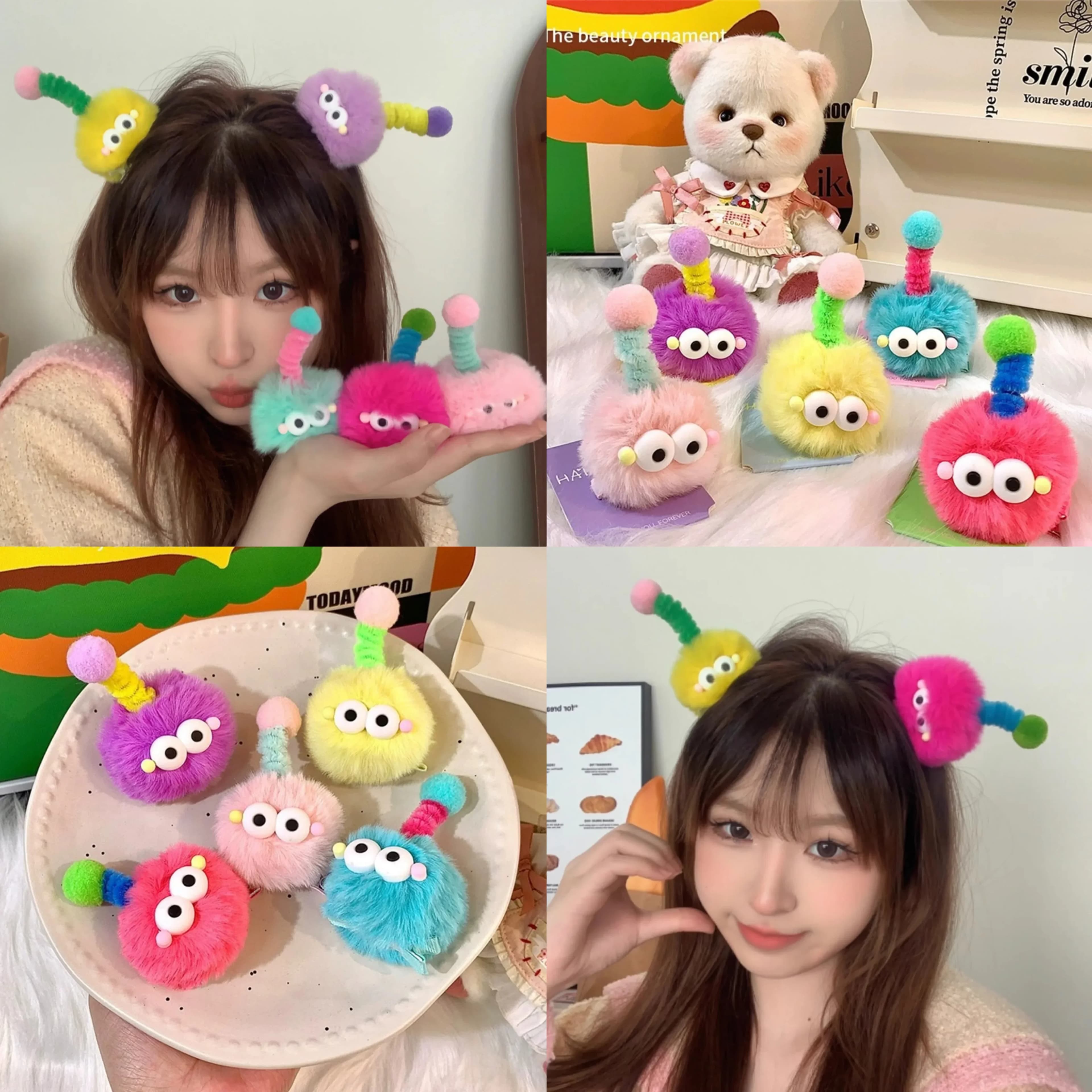 Carino Palla di Pelo Clip di Capelli 3D Grandi Occhi Bambola Peluche Perni di Capelli Per Le Ragazze Colore Del Fumetto Palla di Carbone Antenna Copricapo Accessori Per Capelli
