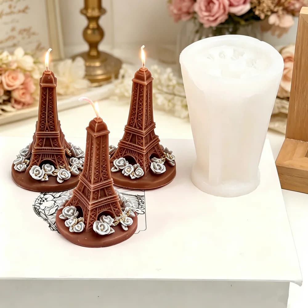 Stampo in Silicone 3D Torre Eiffel con Base Floreale a Rosa, per Candele Fai da Te, Scultura Monumento di Parigi, Stampo in Resina/Gesso, Decorazione Romantica per la Casa