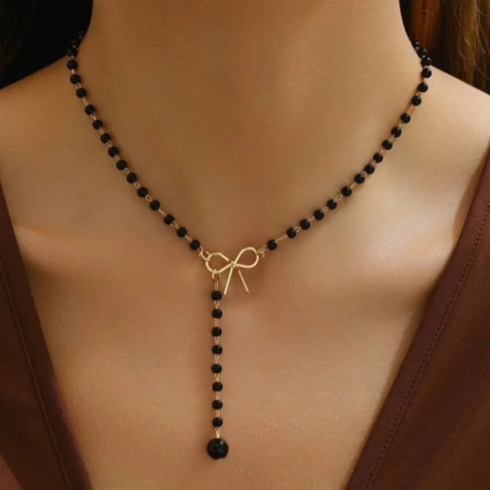 Retro Fashion Bohemia Black Pearl Beaded Long Pendant Bowknot Necklace for Women Charm Summer Beach Collar Jewelry Accessories