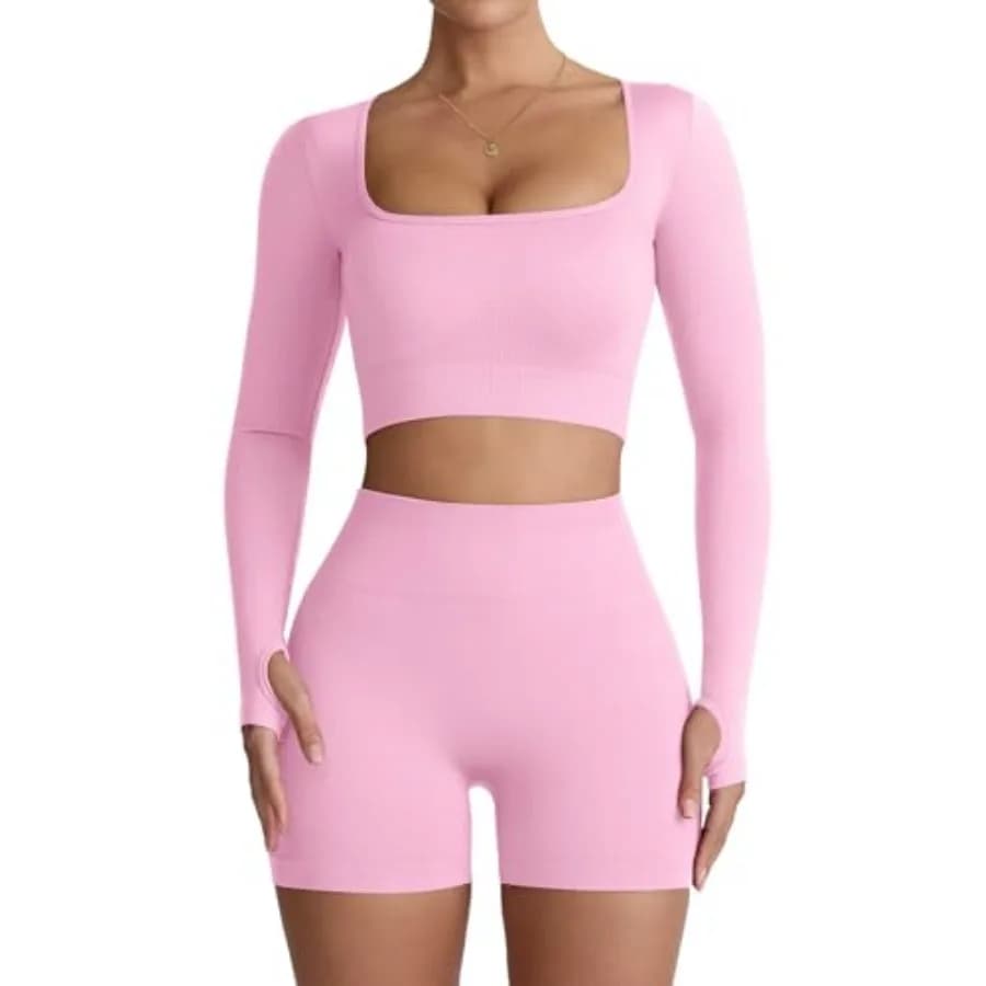 Set da Allenamento Due Pezzi per Donna: Top a Maniche Lunghe e Shorts a Vita Alta con Effetto Push-Up, Completo da Palestra e Yoga
