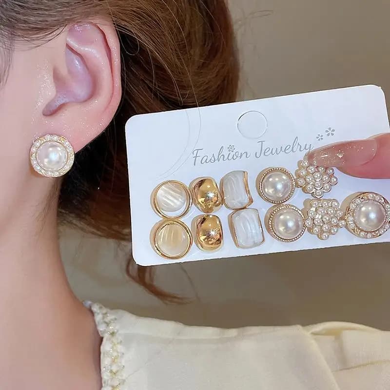 【CPI】12 Pcs Simulated Pearl Round Square Stud Earrings Small French Elegant Daity Ear Studs For Women