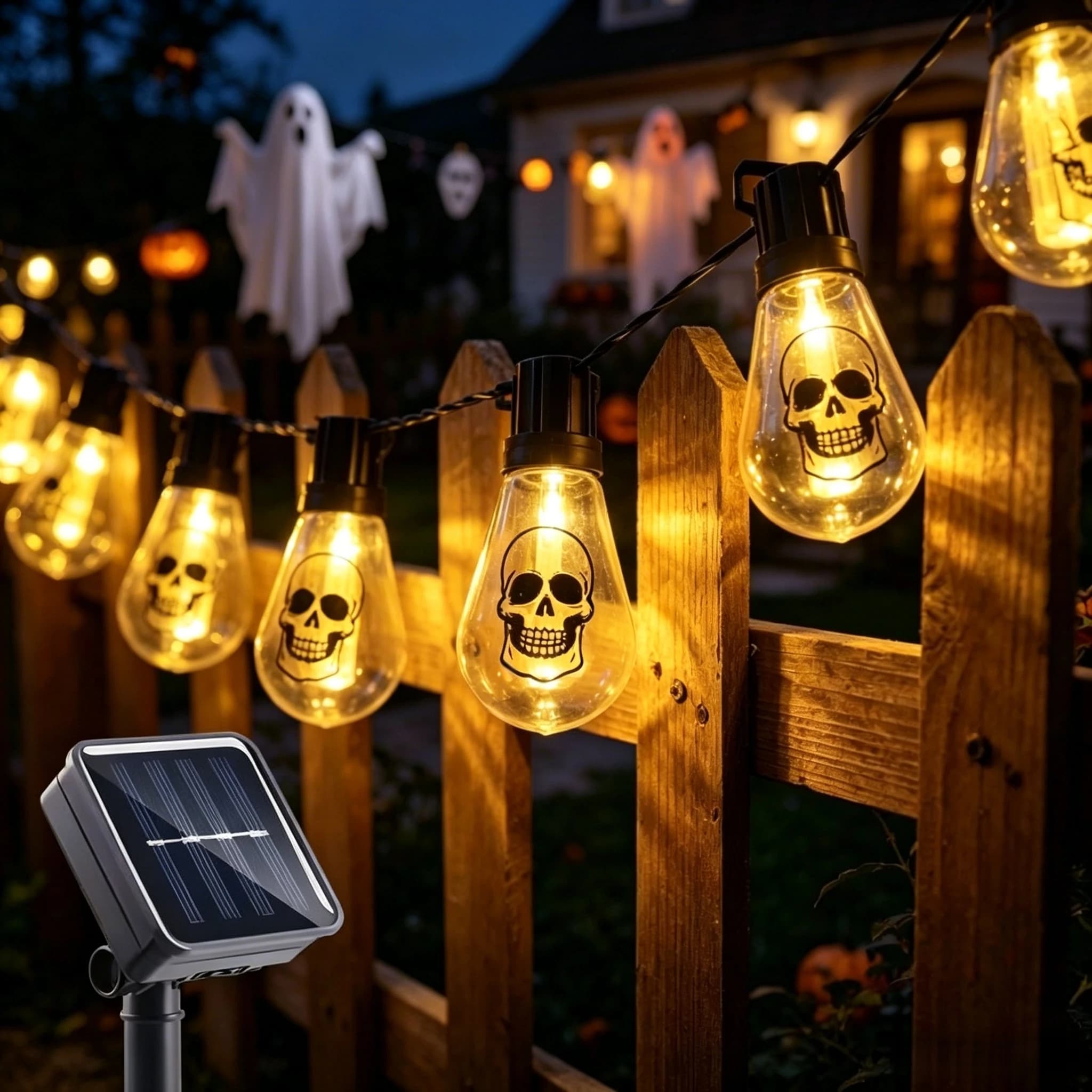 1PC Halloween Solar Retro Ball String Lights,Outdoor Waterproof Lamps With Skull,Ghost Face,Cobweb,Decoration Lights for Festive
