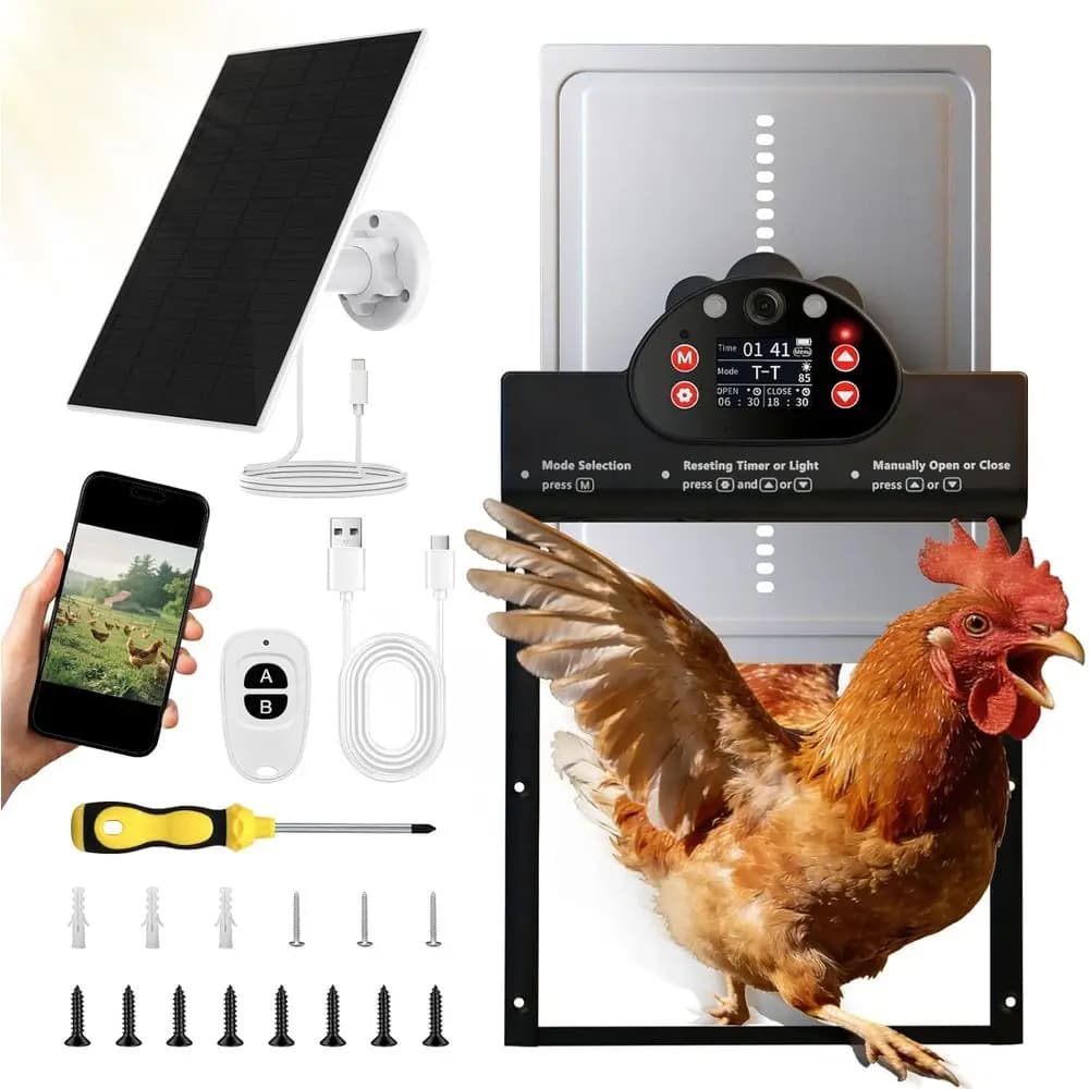 Porta Automatica per Pollaio con Telecamera 2K, Visione Notturna 10m, Allarme, Apertura Automatica Impermeabile IP65, Durata Batteria 6 Mesi, Controllo tramite APP