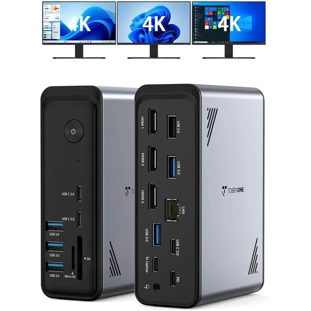 18-in-1 Universal Laptop Docking Station: Triple 4K Display, 3 HDMI Ports, 9 USBs, Gigabit Ethernet, PD3.0