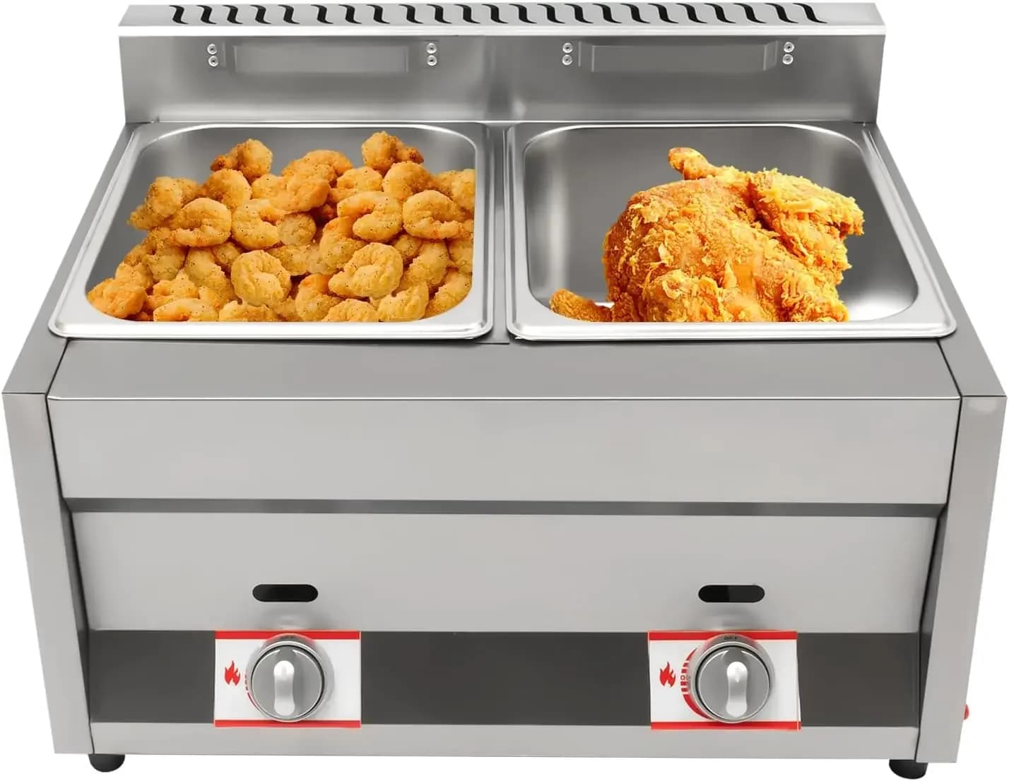 Friggitrice a gas a doppia vasca da banco in acciaio inox, friggitrice commerciale a GPL per cucina