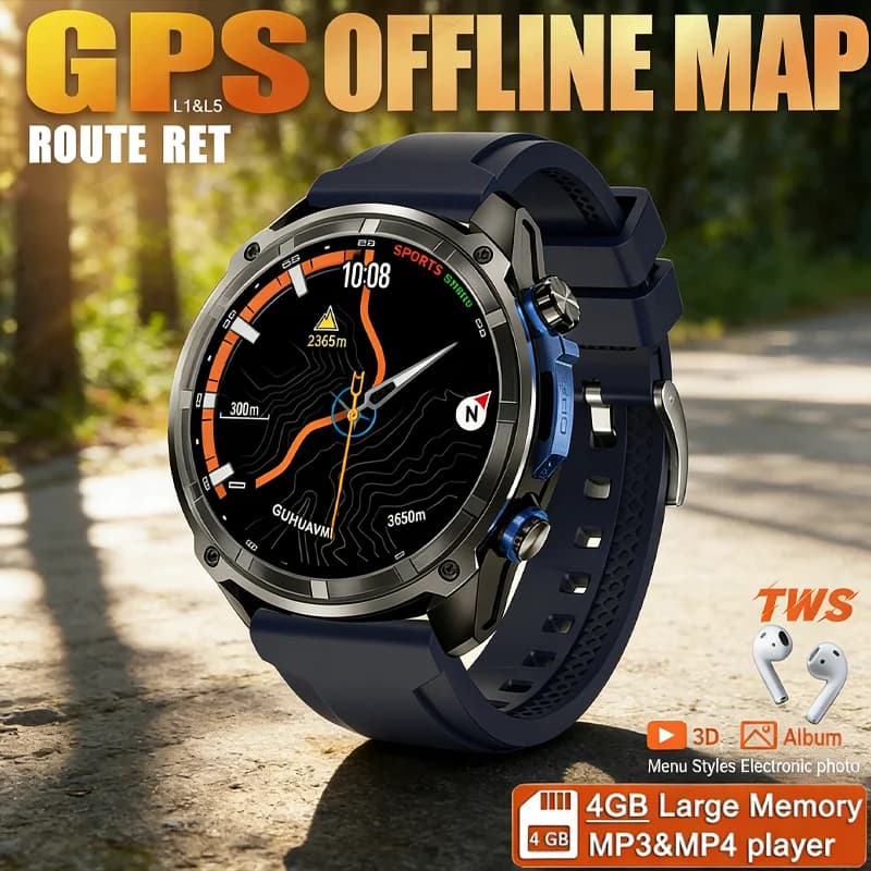 New GPS Smartwatch for Men with Offline Maps, Integrated GPS, 4GB Memory, Corning Gorilla HD Screen, 5ATM Waterproof, Bluetooth Calls