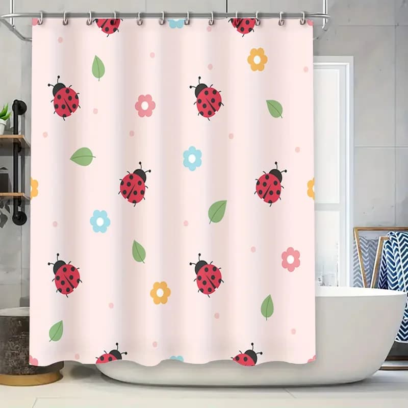 Tenda da doccia per decorazioni da bagno, tessuto impermeabile, stampa floreale con coccinella, decorazione per la casa, rosa (180 cm)