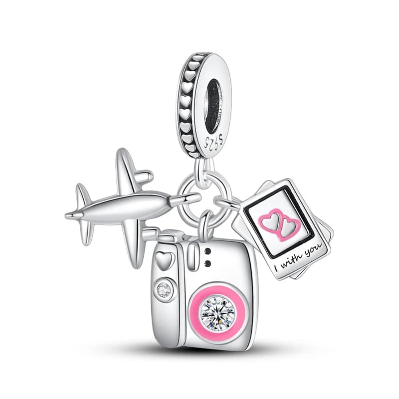 Ciondoli a forma di cuore e macchina fotografica placcati in argento 925, compatibili con bracciali con ciondoli 925, per viaggi, gioielli carini, regali di amicizia per donne