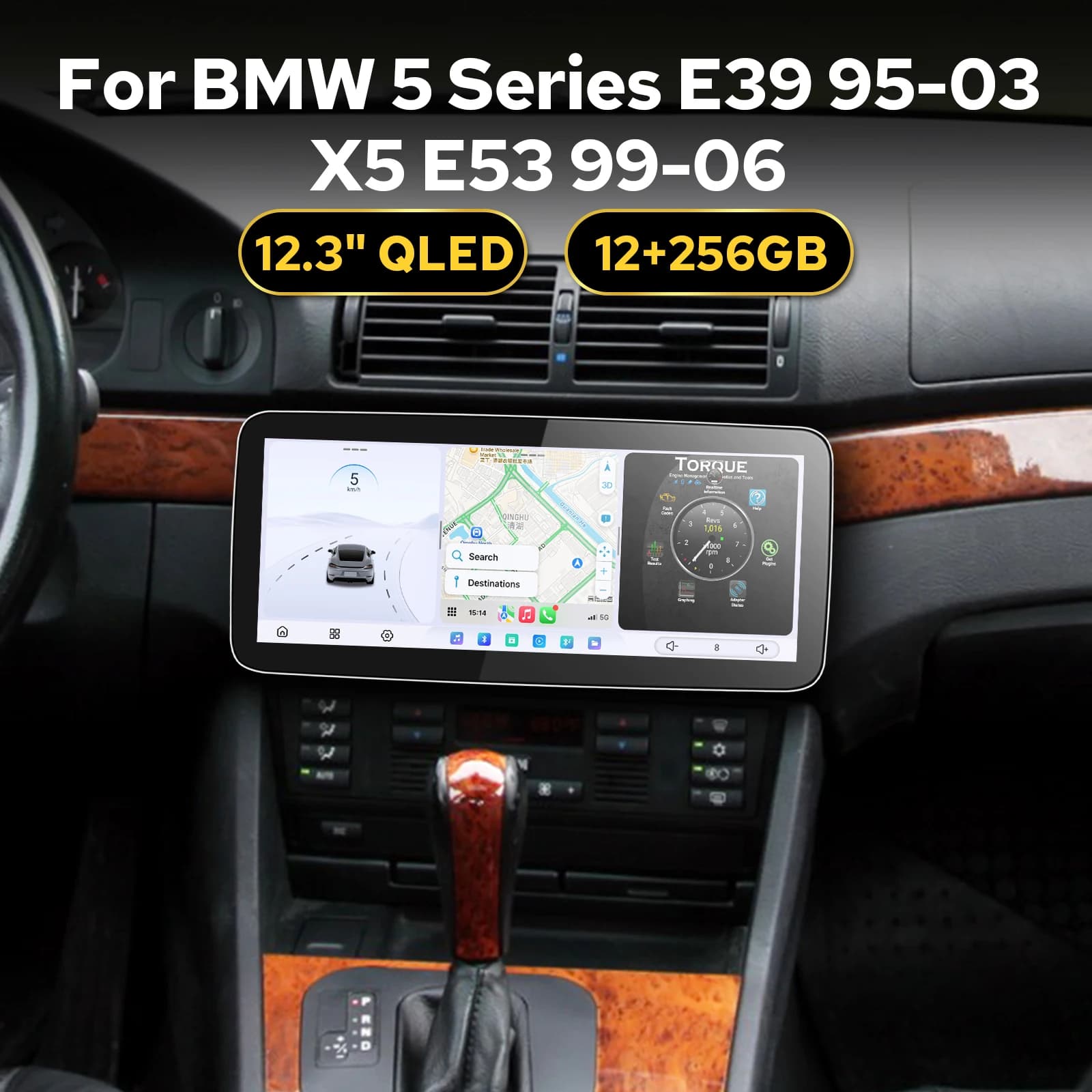 Stereo Multimediale per Auto ad Alte Prestazioni da 12,3 Pollici per BMW Serie 5 E39/X5 E53 12GB+256GB CarPlay/Android Auto Connessione Bluetooth Doppia
