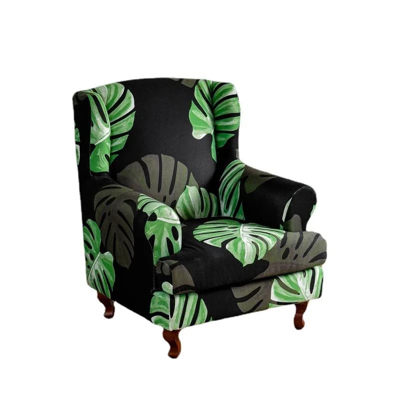 Leaf print living room wing back chair cover stretch removable armchair sofa cover with seat cushion cover