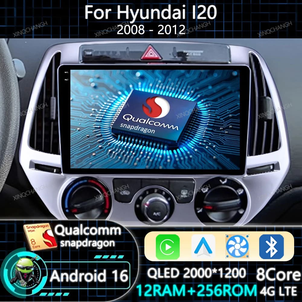 Android 16 Car Radio For Hyundai I20 2008 - 2012 Head Unit Multimedia Stereo Video Player BT GPS QLED 2DIN 4G LTE 5G WIFI BT GPS