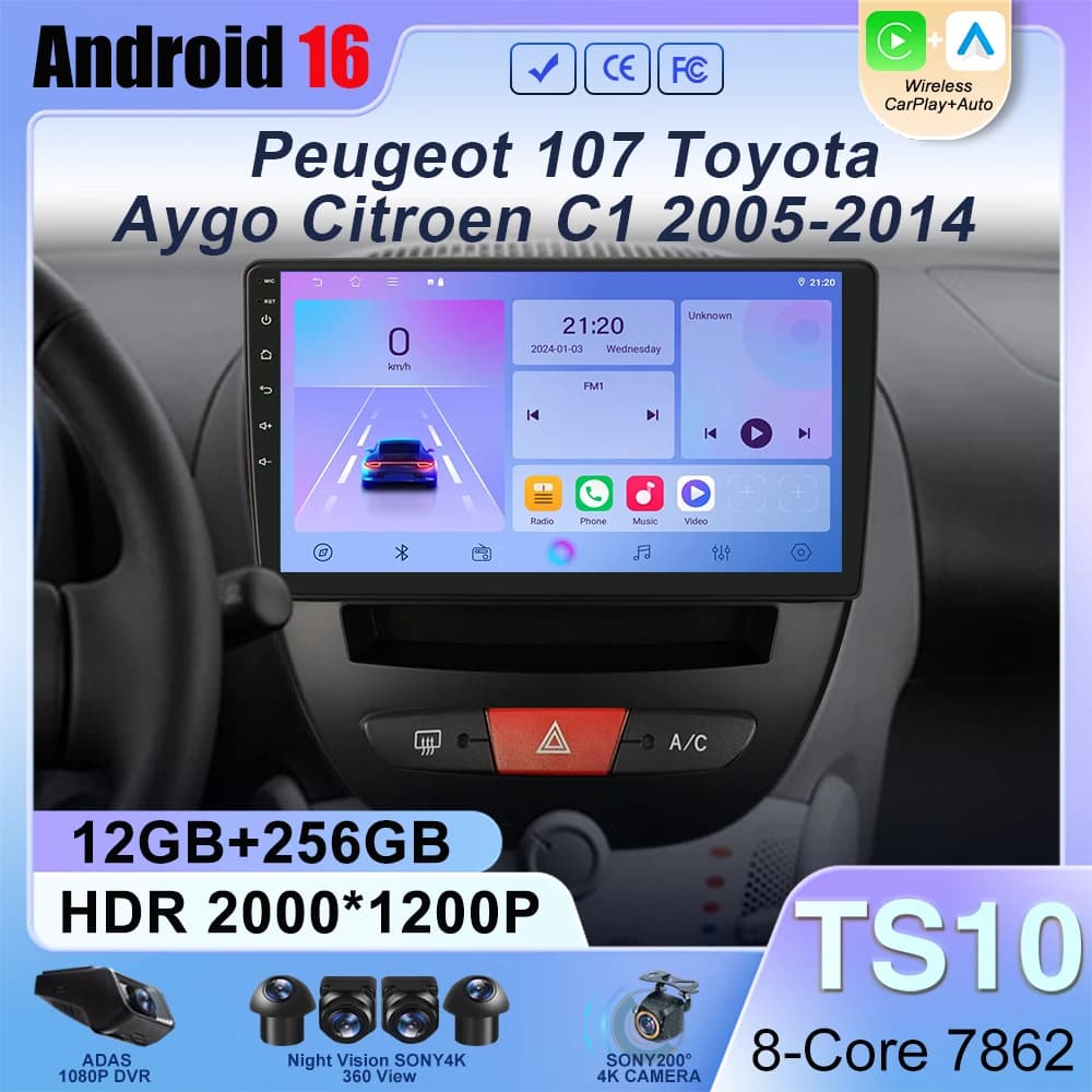 Autoradio Android 16 per Peugeot 107 Toyota Aygo Citroen C1 2005-2014 GPS Carplay Multimedia Stereo Lettore Audio Auto Navigazione