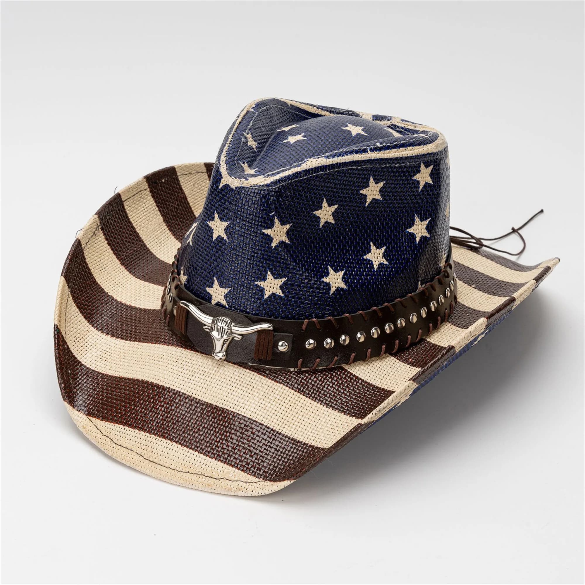 Cowboy hat with American flag for woman and man, patriotic western cap with bull head belt and wide tense, perfect for the 4th July party