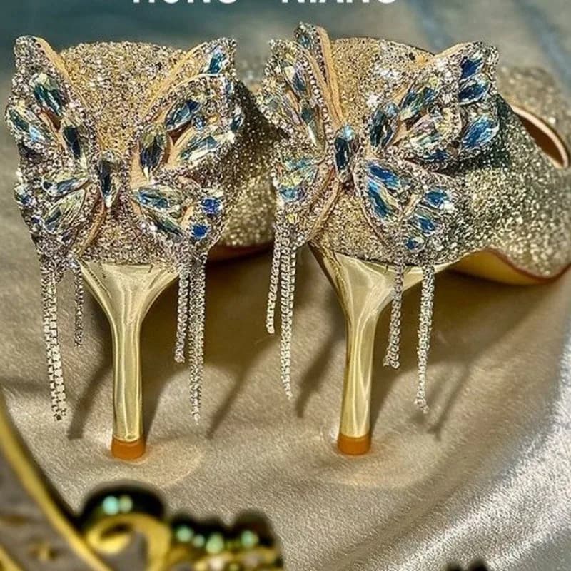 Scarpe singole con fiocco a spillo con strass Scarpe da donna alla moda con punta a punta Bocca poco profonda Piede antiscivolo Tacchi alti Scarpe eleganti da banchetto