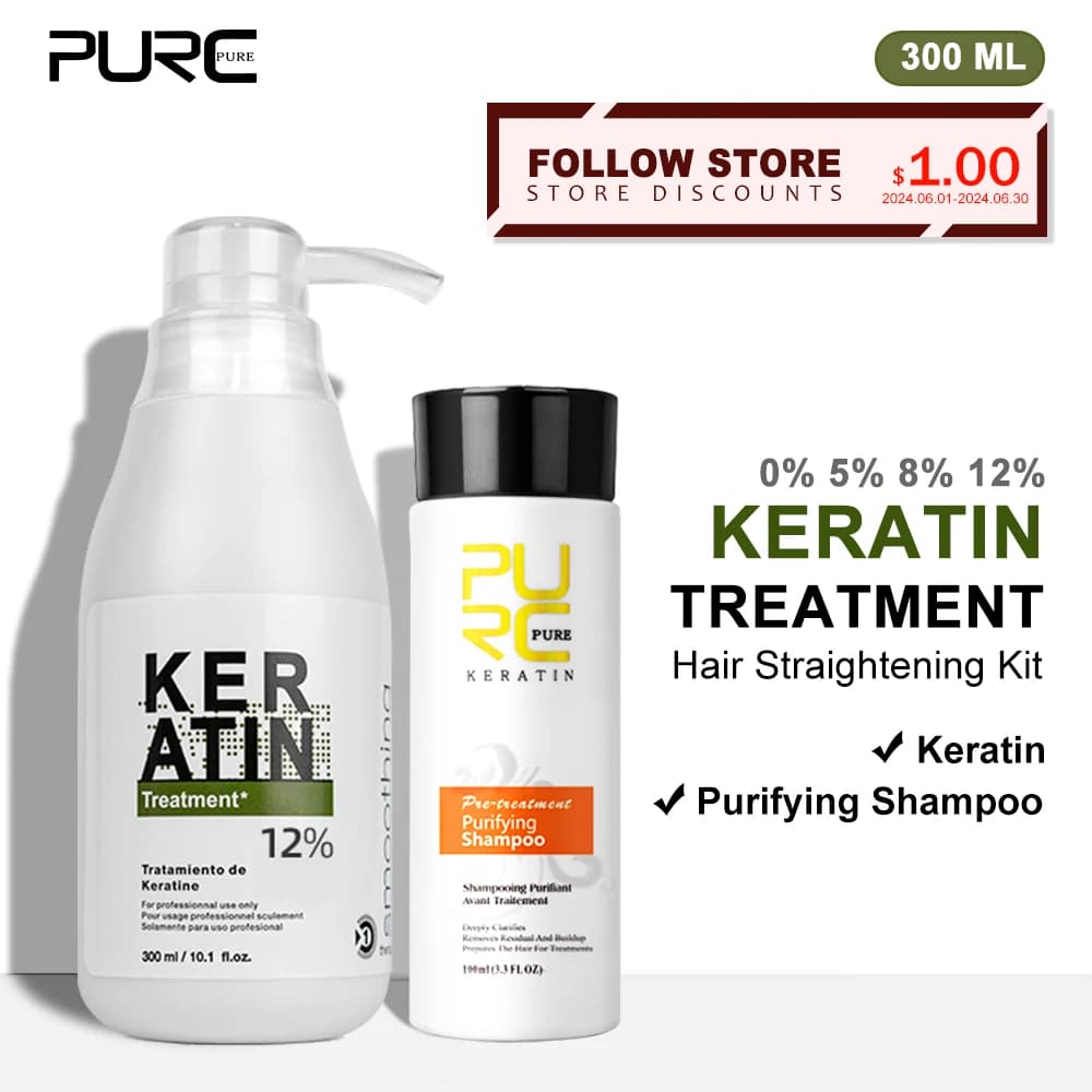 PURC 300ml Trattamento brasiliano per capelli alla cheratina Raddrizz Riparazione Capelli ricci 100ml Shampoo purificante Set Prodotti alla cheratina