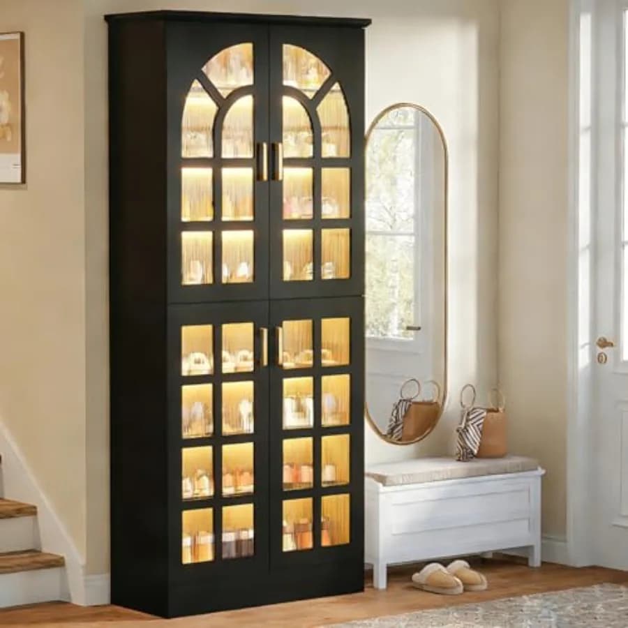 Scarpiera Alta 69 Pollici con Ante e Luce LED, Organizer for 8-level wood shoes with adjustable shelves, Shoe holder
