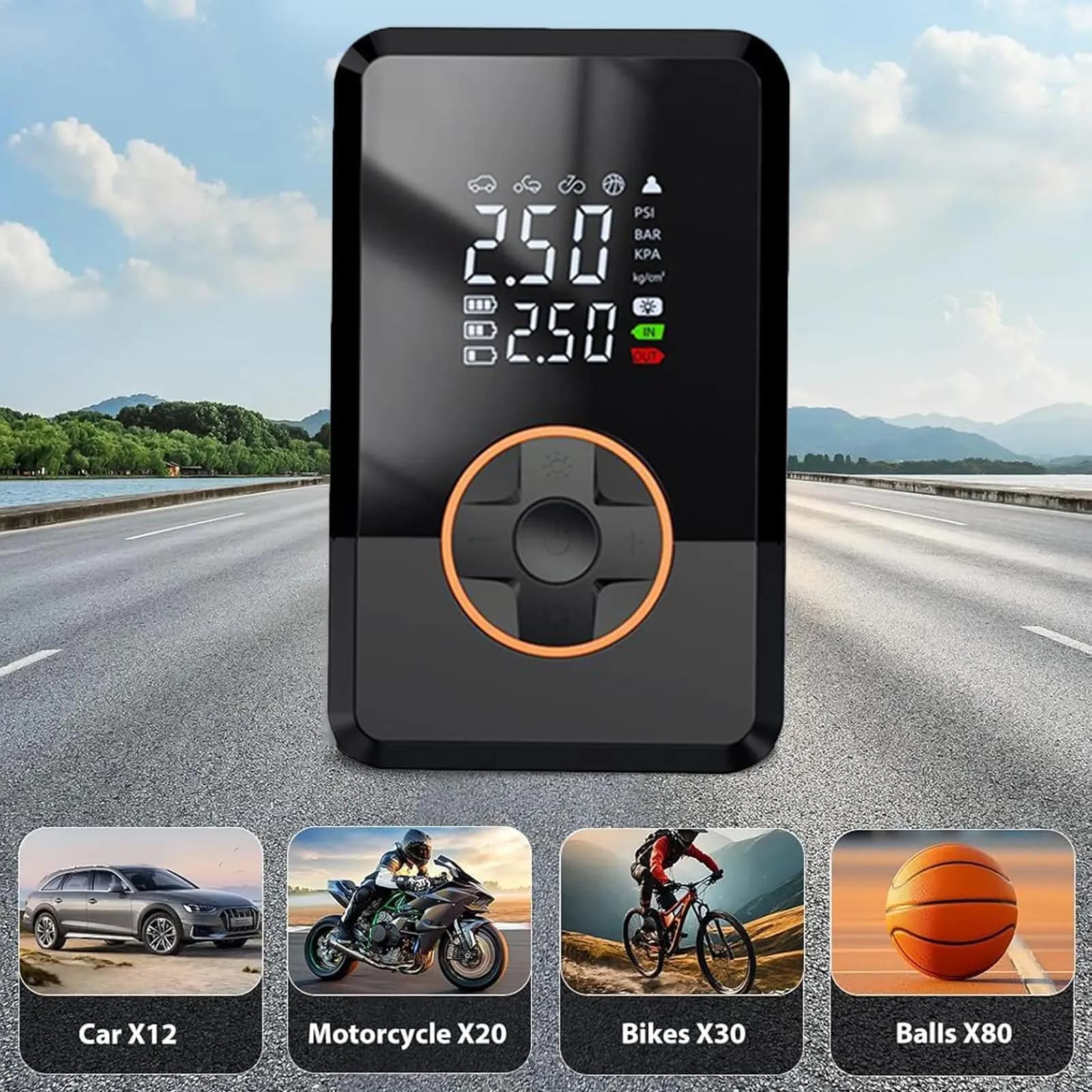 Gonfiatore per pneumatici 130 PSI Gonfiatore per pneumatici portatile a LED Pompa di aria elettrica per basket per auto Bici Auto Camion Strada Palloncino per esterni