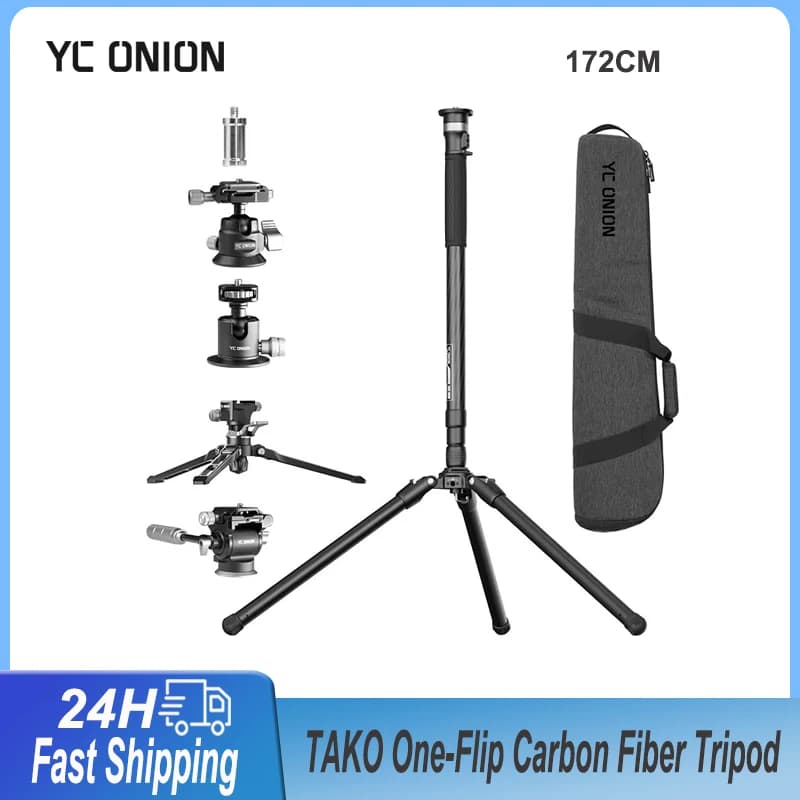 Treppiede per fotocamera YC Onion 172cm TaKo in fibra di carbonio con sollevamento a un clic, supporto leggero con testa fluida per DSLR, fotocamera, telefono e supporto da viaggio