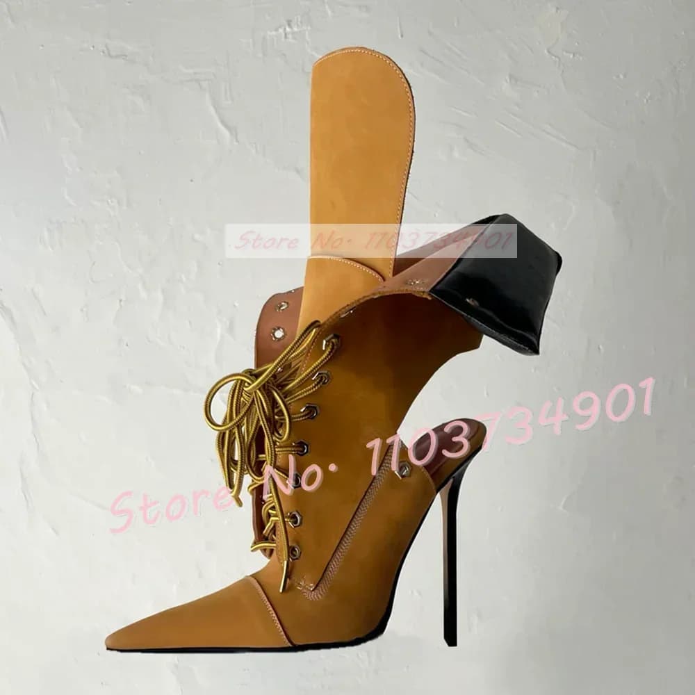 Stivaletti a spillo gialli rovesciati Stivali da donna con lacci e punta a punta Stivali con tacco alto Calzature da passerella stile street con bordo sexy