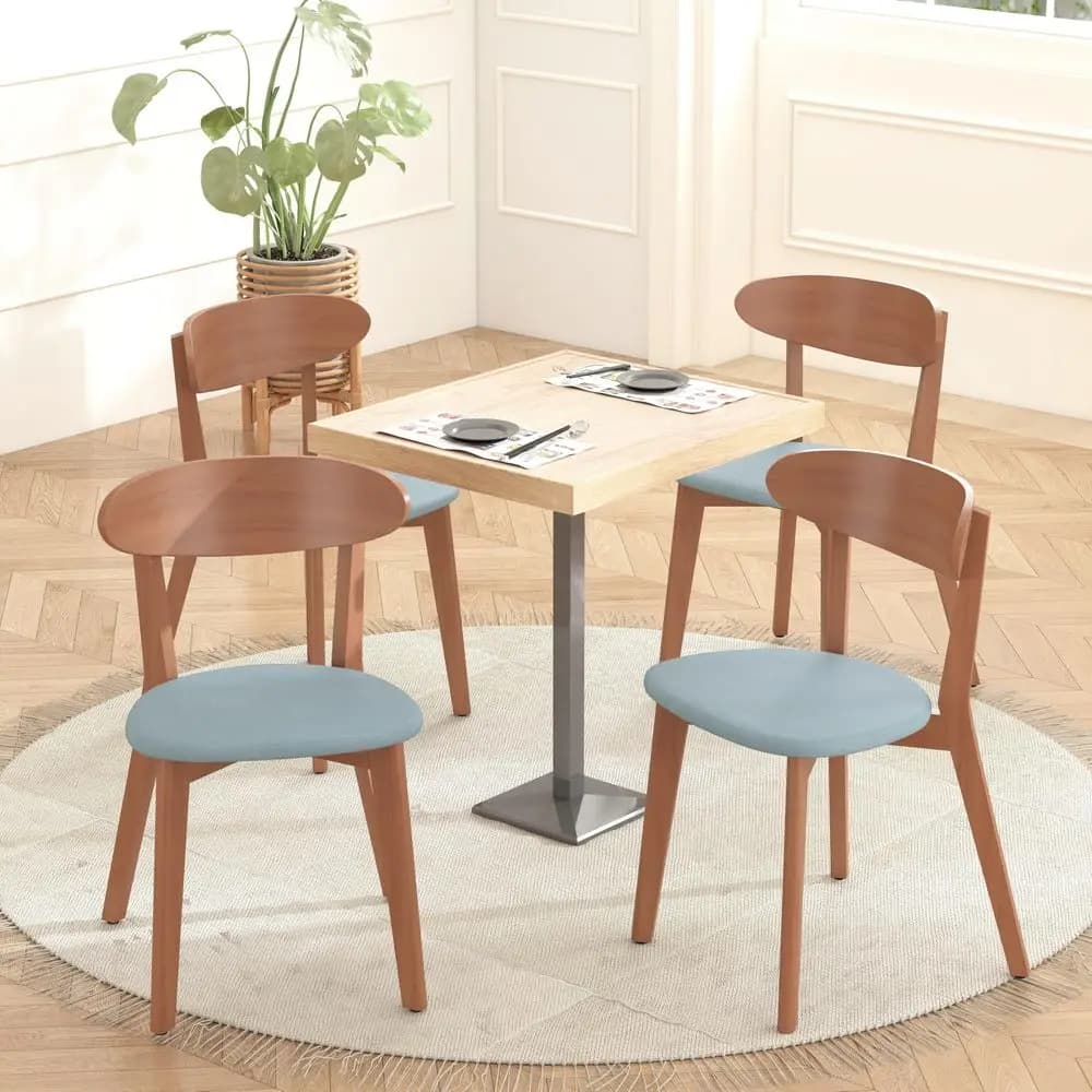 Set di 4 Sedie da Pranzo, Sedie in Legno Massello Senza Braccioli, Stile Mid-Century Moderno con Cuscino in Lino per Sala da Pranzo