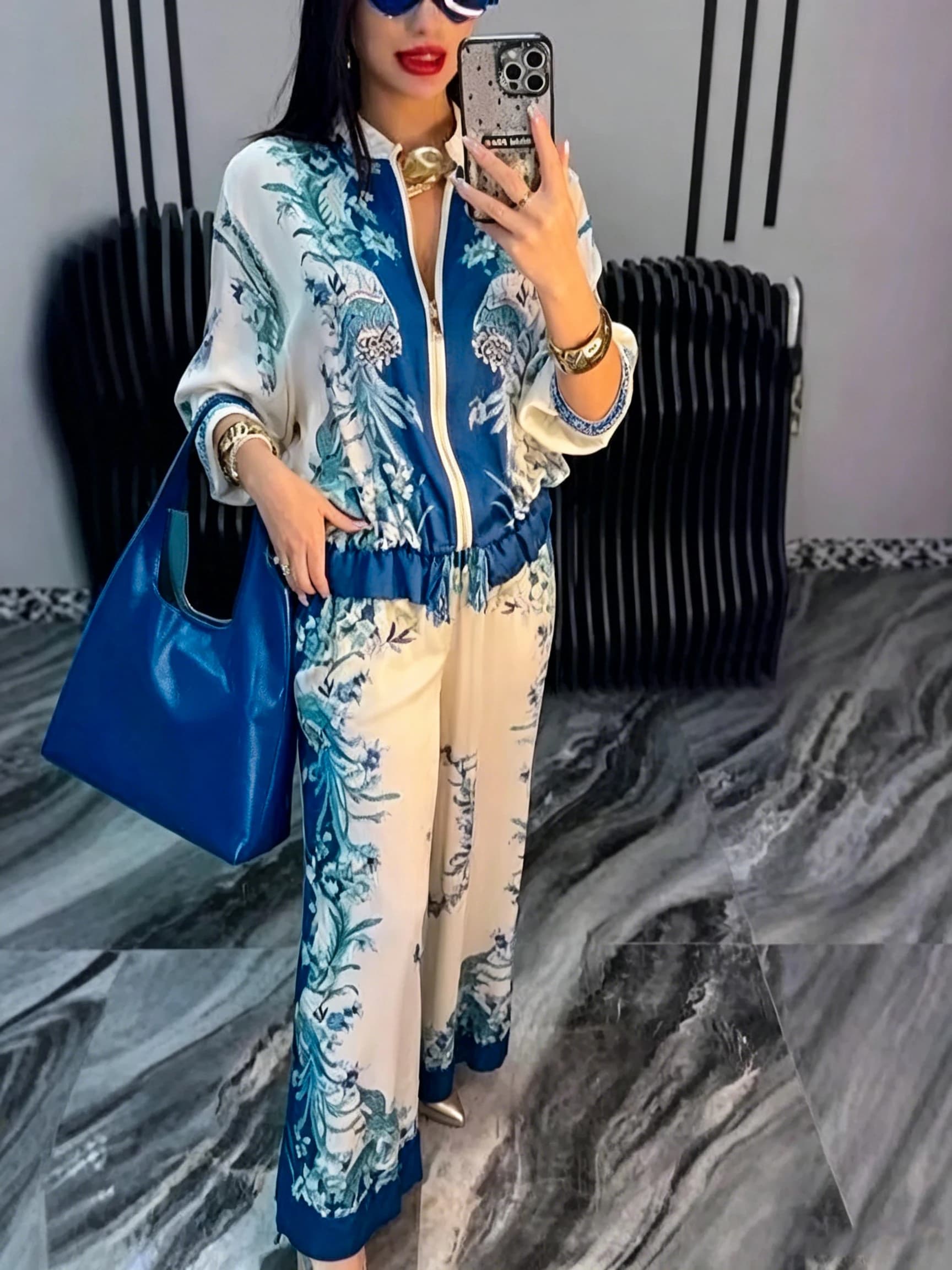 2026Fashion Pajama 2 Piece Set Elegant Phoenix Floral Print Zipper Top Drawstring Wide Leg Pants Office Holiday Baseball Outfits
