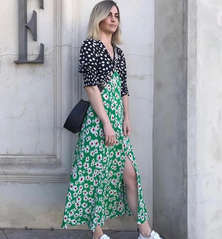 Vintage Australian Fashion Blogger Green Splice Side Slit Midi Length Chiffon Floral Print Dress Women's Commute Style V-neck...