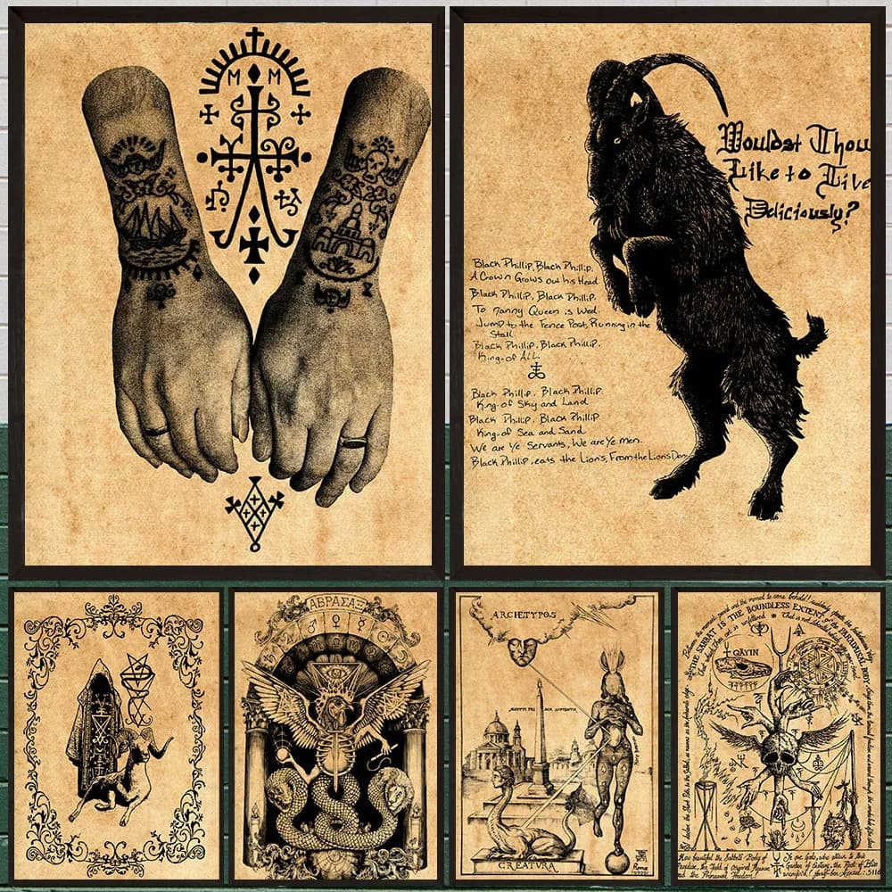 Antique Parchment Occult Magic Canvas Prints,Medieval alchemist Sigil Pentagram Baphomet Ritual Circle Symbol Wall Art Poster
