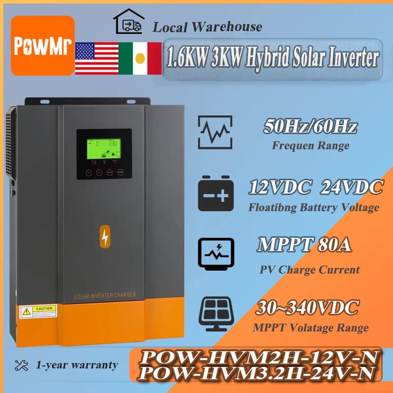 Solar Inverter Hybrid PowMr 1.6KW 3KW with Integrated MPPT 80A Charging Controller, Max PV 400VDC 12V 24V 220V Inverter to Pura Sinusoidal Wave