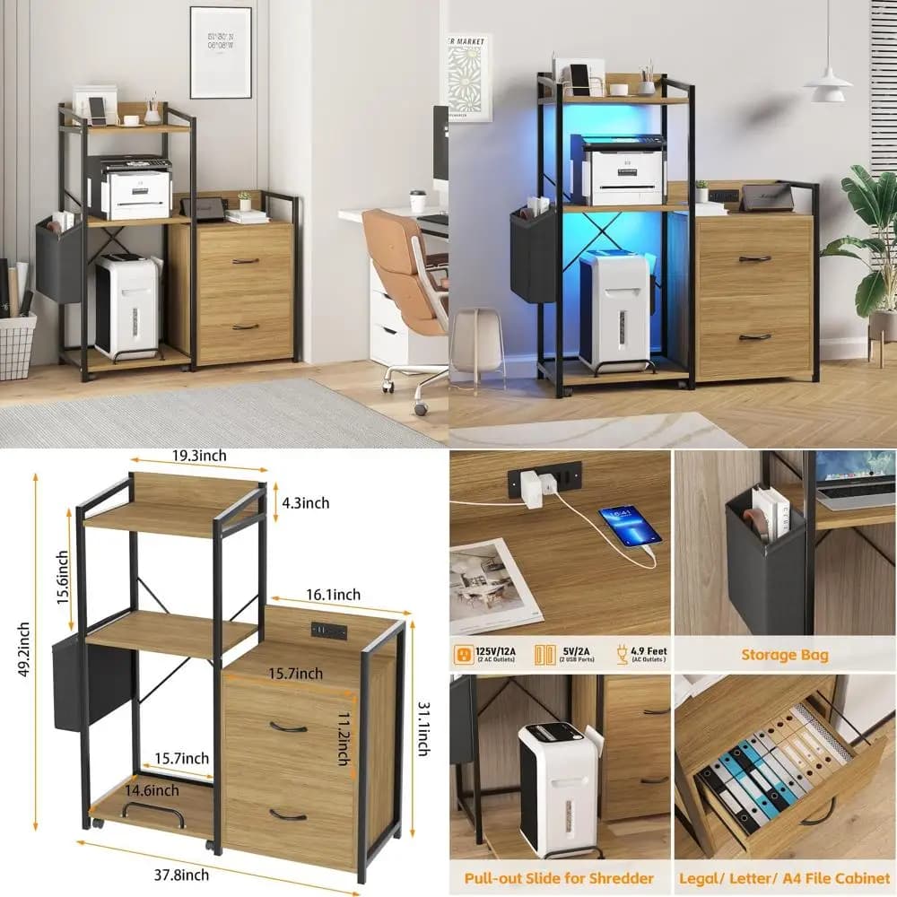 2-Door Cabinet with Letter Legal File Storage, A4 Size, Home Office Cabinet with Power Strip, LED Lights, Open Shelves, Printer
