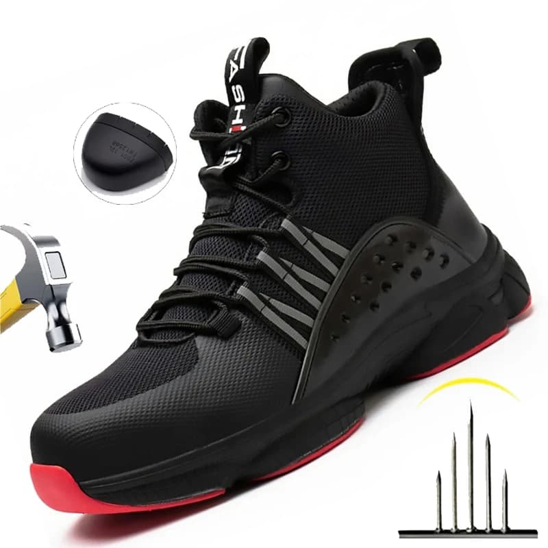 Mens Work Shoes Steel Toe Safety Boots Anti-smash Shoes Mens Black Hiking Boots Lightweight Breathable Sneakers for Outdoor Work