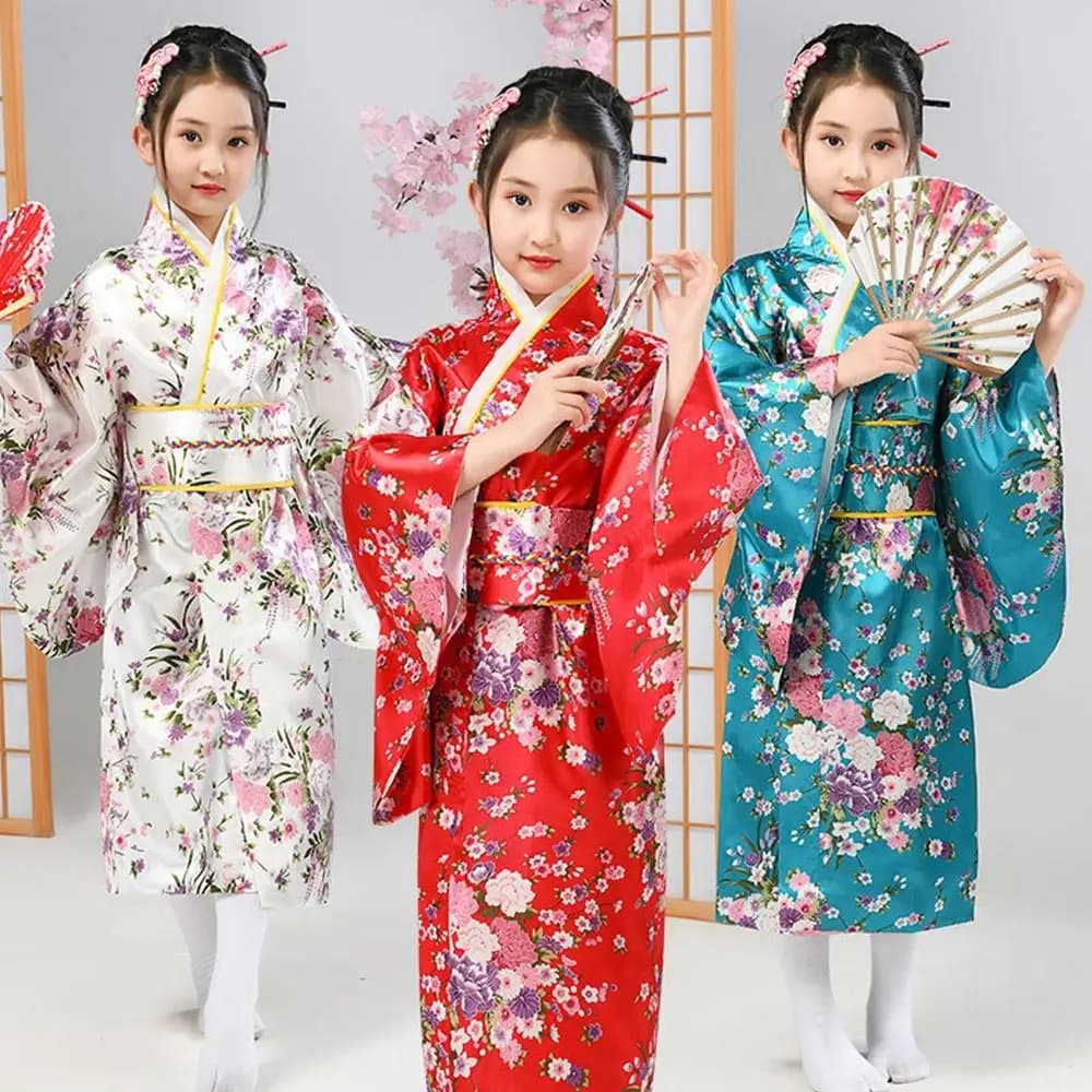 Japanese Kimono Bathrobe for Children with Obi, Pattern Cherry Flowers, Cosplay Costume Japanese Style, Clothing for Shows
