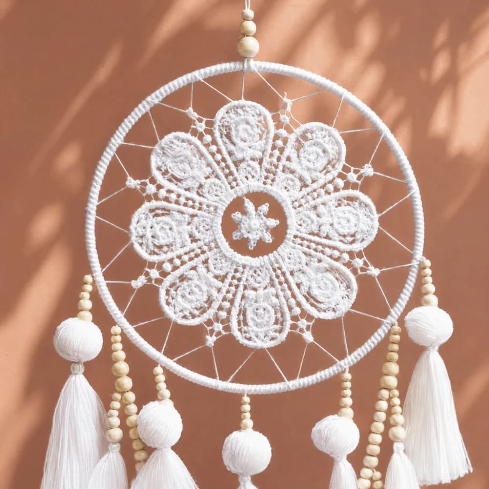 Cotton Macrame Dreamcatcher White Wooden Beads Crochet Lace Dream Catcher Wall Hanging Boho Traditional 7.87x21.65in