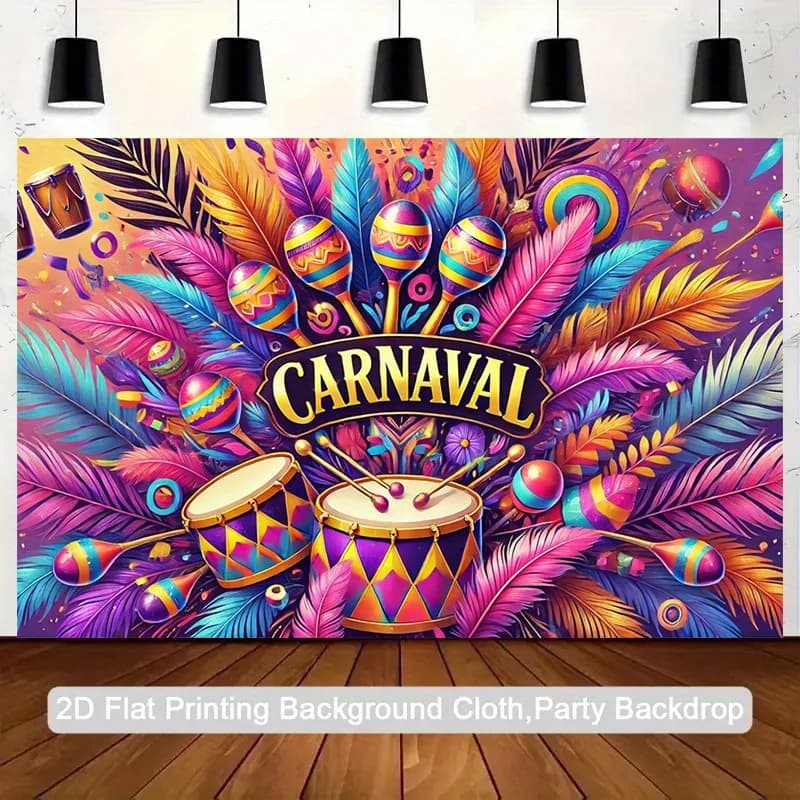 Design piatto 2D, sfondo festa di carnevale per una persona con tamburi di samba brasiliani e palline di sabbia: un tema di carnevale vibrante