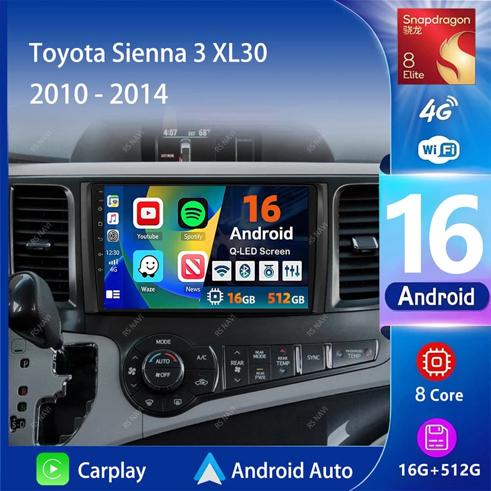 Autoradio Android 16 Carplay Auto con schermo 2K, lettore multimediale video per Toyota Sienna 3 XL30 2010-2014, 2 DIN, stereo.