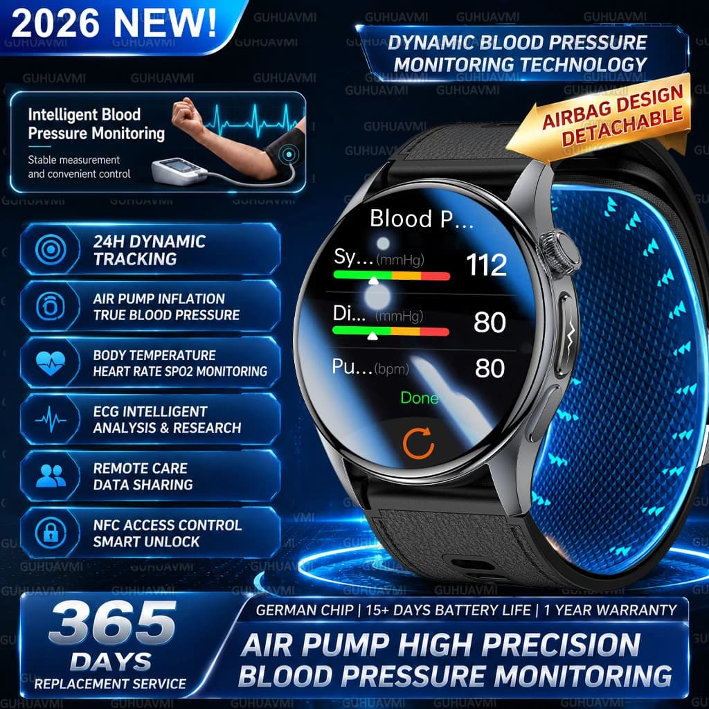 New Smartwatch 2026 with Air Pump and Inflatable Bracelet, Accurate Blood Pressure Measurement, ECG, HRV, Bluetooth Calls, NFC, Health Monitoring