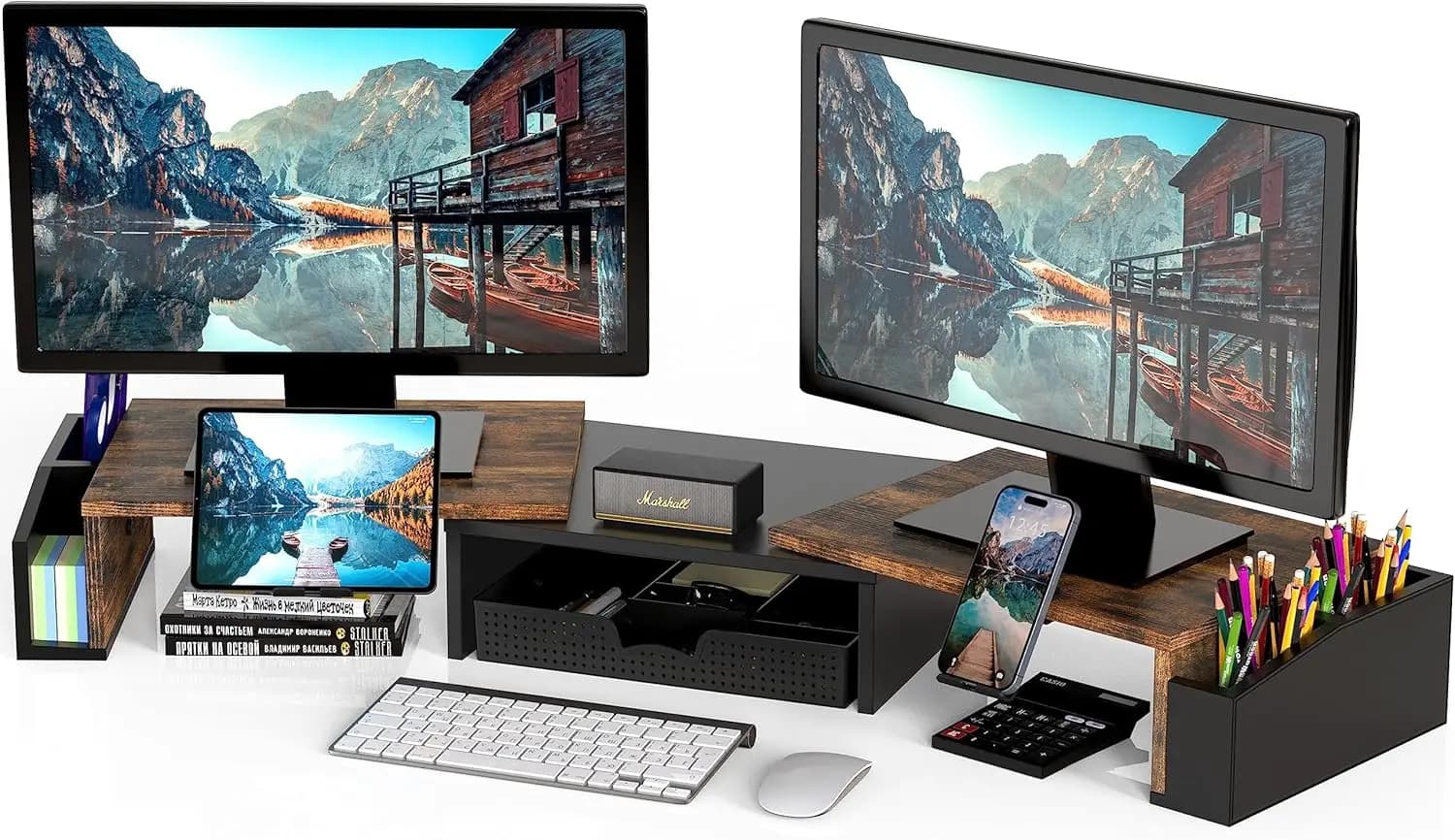 Supporto da scrivania per doppio monitor marrone rustico con cassetto