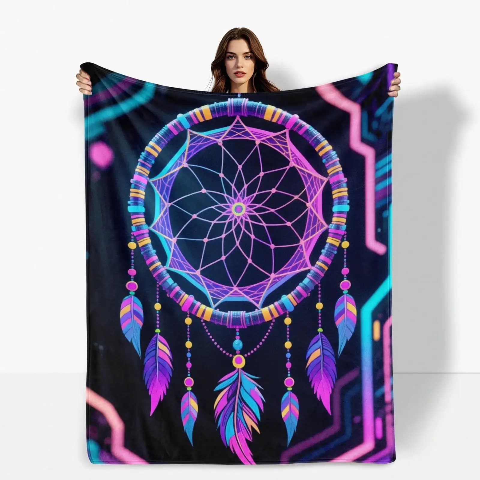 Dreamcatcher And Leaf Design Blue Purple Themed Decorative Blanket For A Tranquil And Artistic Home Decor Featuring Nature Inspi